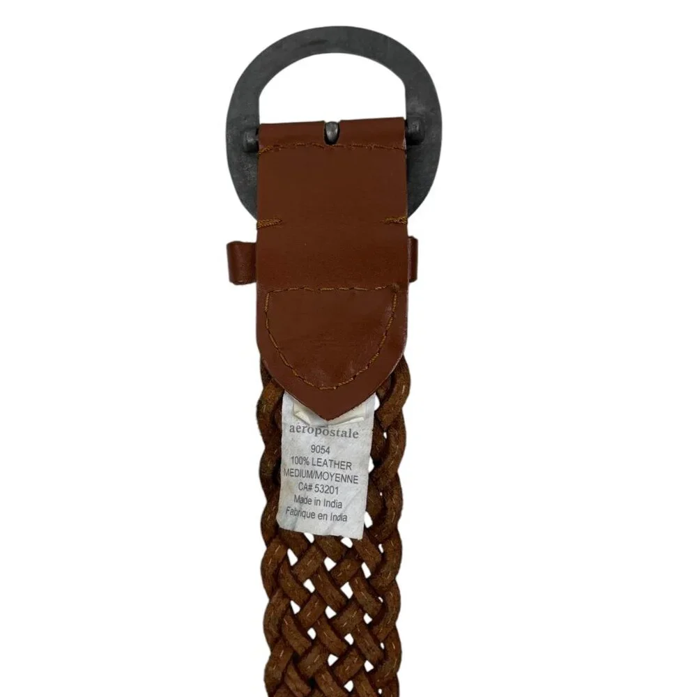 VTG Aeropostale Braided Leather Brown Belt Silvertone Buckle Logo Size Medium
